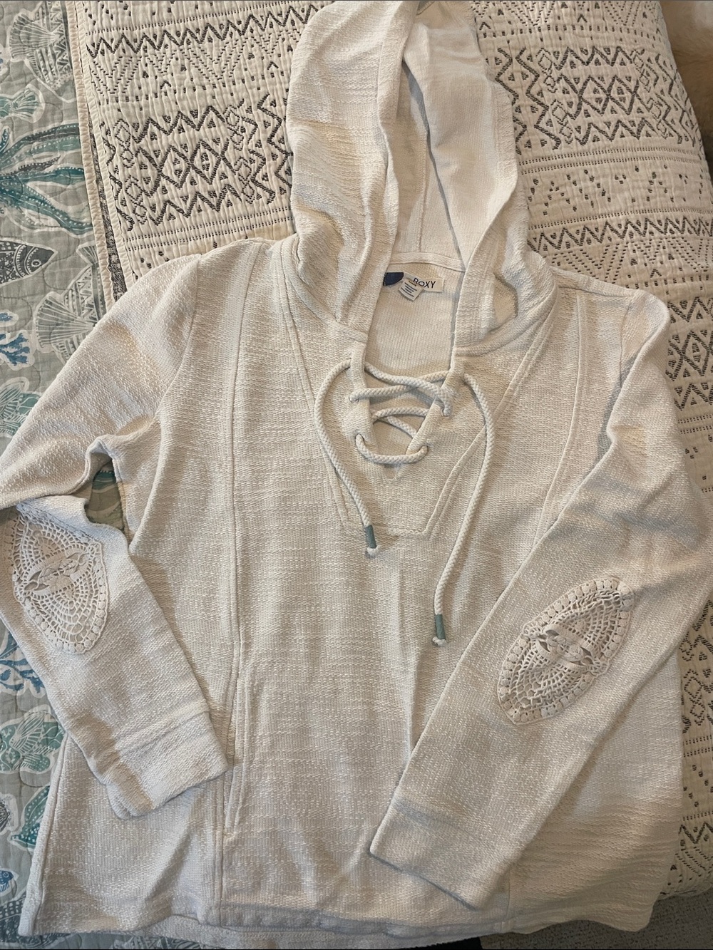 Roxy Lace-Up V-Neck Hoodie Sweater in Light Cream